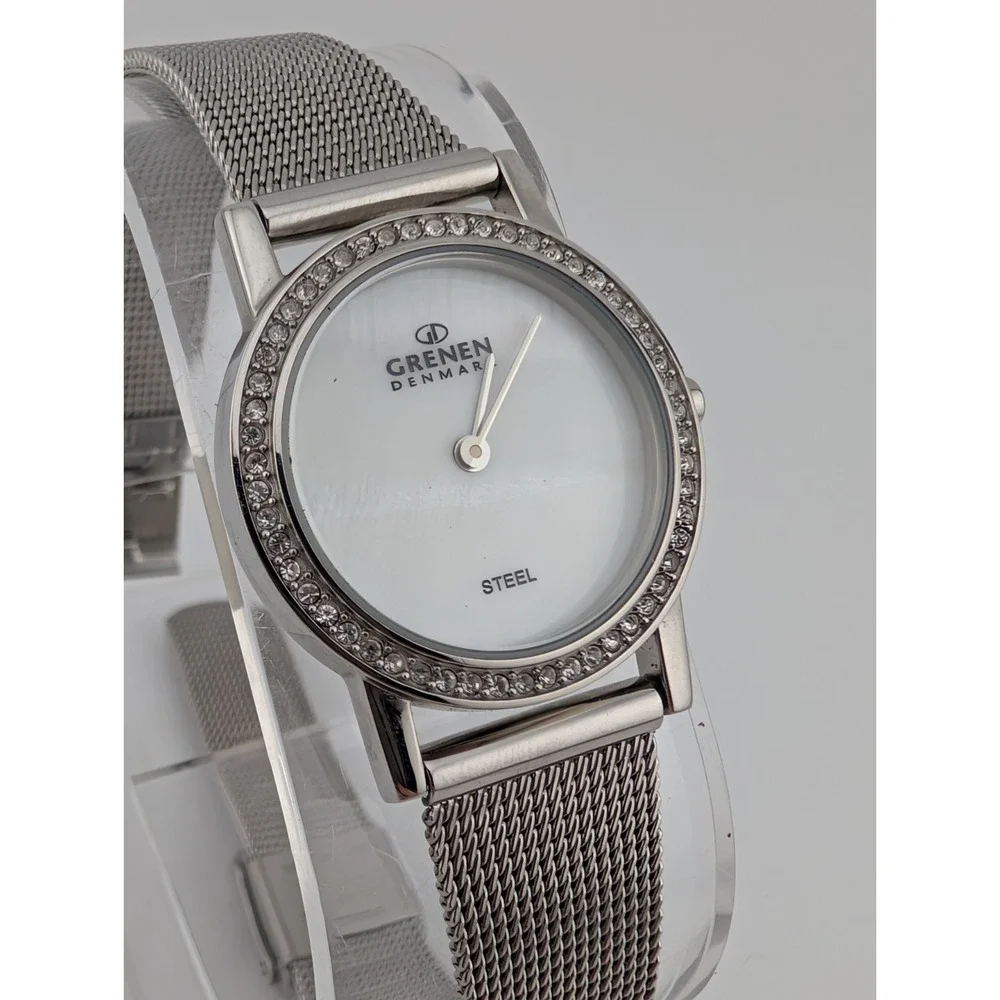 Grenen Denmark Watch Women 26mm Mesh Band Crystal Accents MOP Dial- New Battery